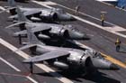 High angled view of three BAe Sea Harriers on deck; color