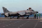 Rear right side view of a BAe Sea Harrier being attended to; color
