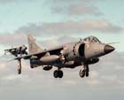Front right side view of a pair of BAe Sea Harriers coming in for a landing; color