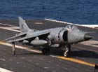 Front right side view of a BAe Sea Harrier on deck; color